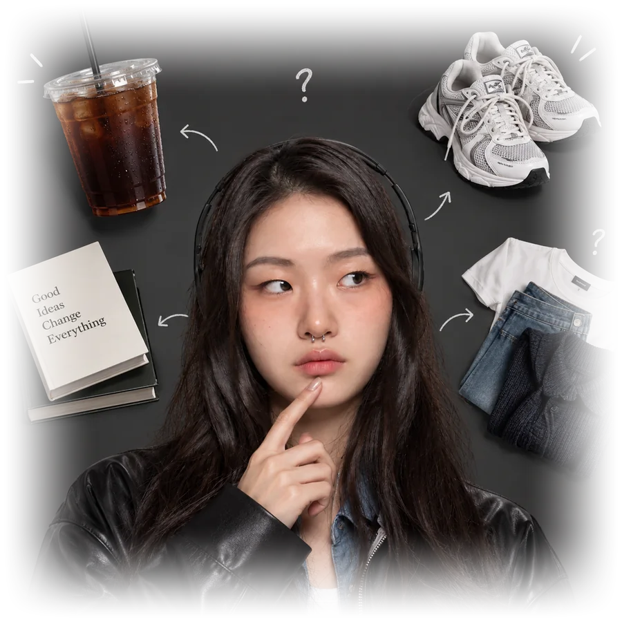 커피·운동화·책·옷 사이에서 고민하는 모습